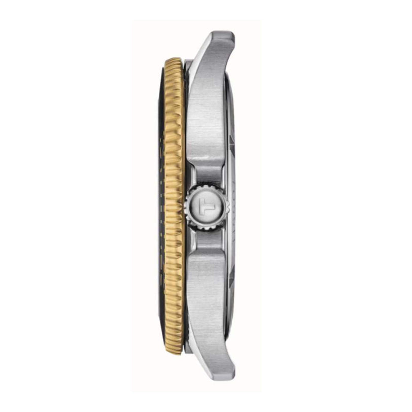Side view of the Tissot Seastar 1000 watch with a silver-tone case, gold-tone bezel, and textured crown featuring an engraved H logo; water resistant to 30 bar.