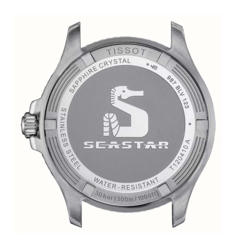 Back view of the Tissot Seastar 1000 watch case, showcasing the brand logo, sapphire crystal, stainless steel construction, 30 bar water resistance, and serial numbers.