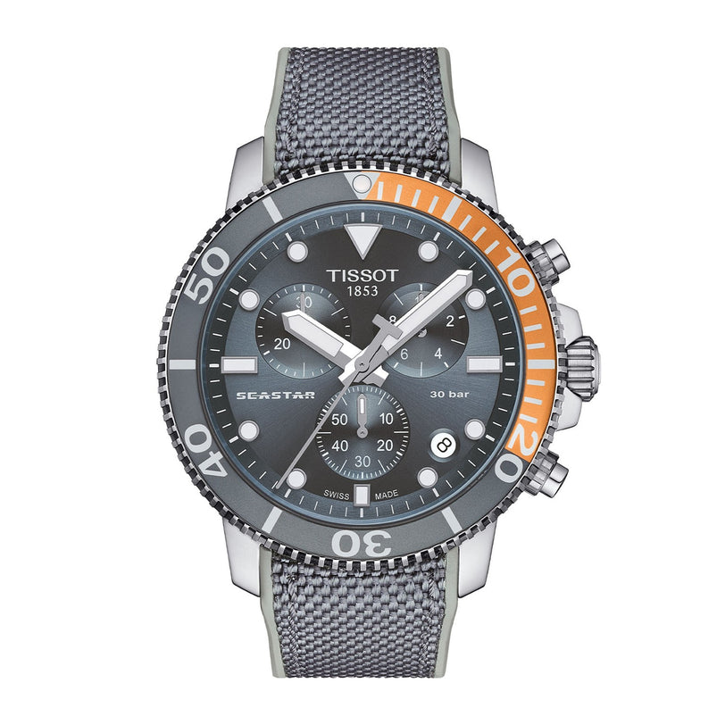 The Tissot Seastar 1000 Chronograph features a gray strap, black and orange bezel, silver indices, three subdials, and date display—ideal for divers seeking dependable underwater performance.