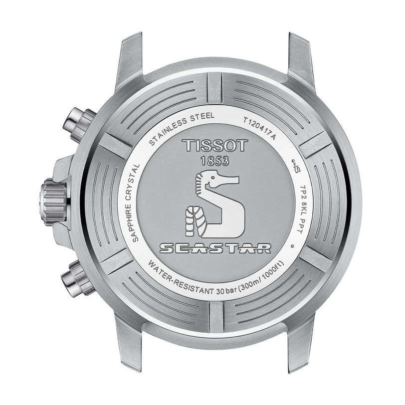 Back view of the Tissot Seastar 1000 Chronograph case displays engraved branding, specs, water resistance info, and a seahorse logo.