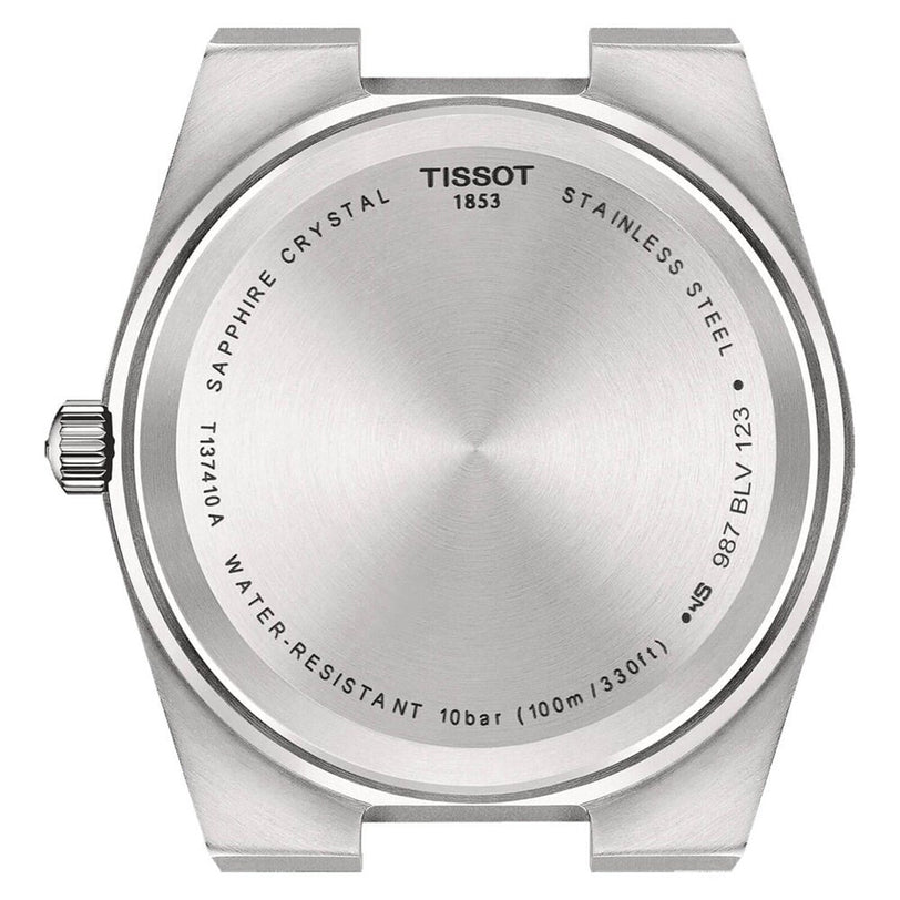 Back view of the Tissot PRX watch case highlights its vintage style and features engraved brand, water resistance, sapphire crystal, and model info on the stainless steel caseback.