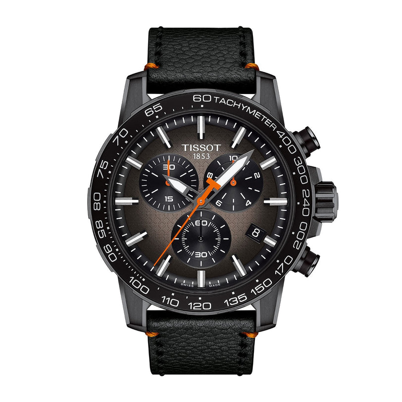 Tissot Supersport Chrono Basketball Edition featuring a black chronograph dial, orange accents, black leather strap, and tachymeter bezel.