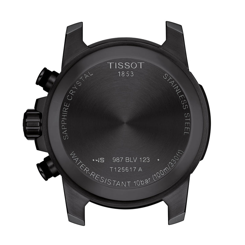 Back view of the Tissot Supersport Chrono Basketball Edition, displaying case engravings with model details, water resistance, and material information.