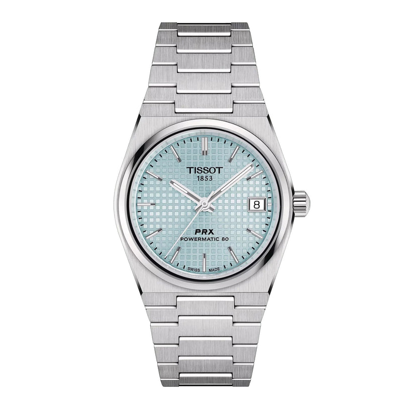 The Tissot PRX Powermatic 80 is a stainless steel watch with a textured ice blue dial, date at 3 oclock, and silver hour markers.
