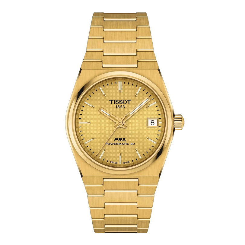 The Tissot PRX Powermatic 80 features a gold dial, date window, and a metal bracelet.