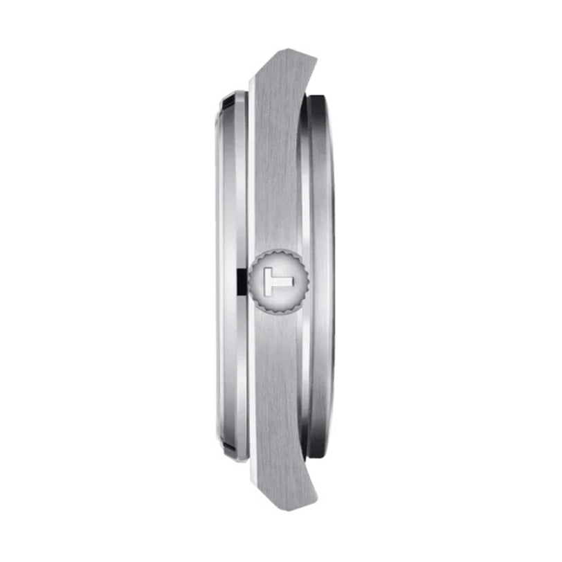 Side view of the Tissot PRX case with a T-logo crown, showcasing its slim profile, brushed metal finish, and retro-inspired design.