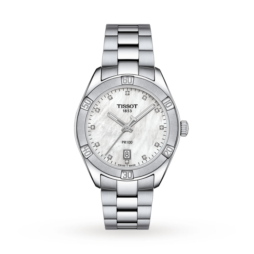 The Tissot PR 100 Sport Chic is a silver stainless steel watch with a white dial, date display at 6 o’clock, and sparkling diamond hour markers.