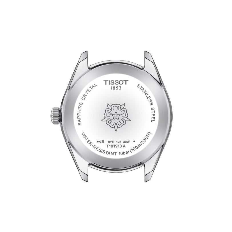 Back view of the Tissot PR 100 Sport Chic watch case displays engravings for sapphire crystal, water resistance, model number T101910A, and the Tissot logo—a perfect complement to its elegant mother-of-pearl dial.