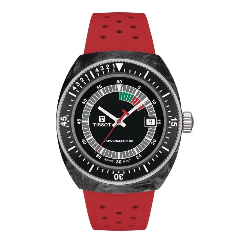 A Tissot Sideral S Powermatic 80 wristwatch with a black and red dial, date display, and red perforated strap is displayed face up.