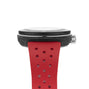 Side view of the Tissot Sideral S Powermatic 80 wristwatch featuring a black case, silver crown, and a red perforated strap.