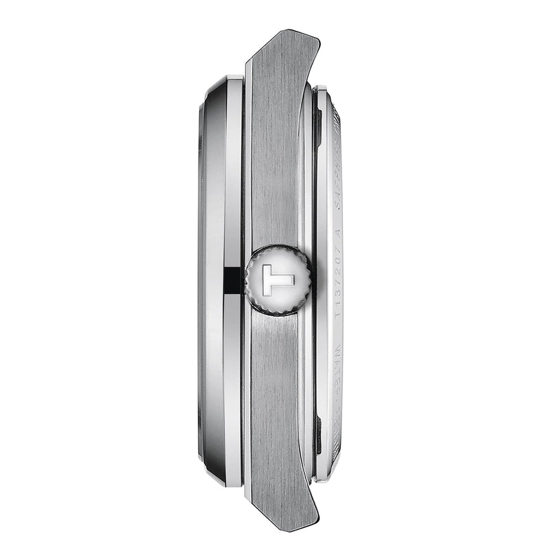 Side view of a Tissot PRX Powermatic 80 wristwatch case in silver with a brushed metal finish, angular edges, and a crown featuring the stylized Tissot T logo, isolated on a white background.