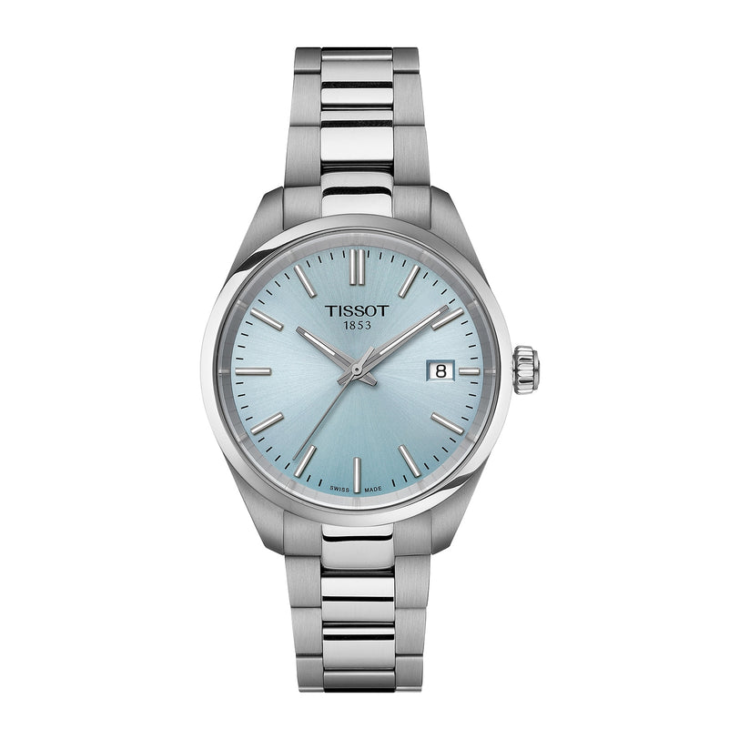 The Tissot PR 100 features a stainless steel case, light blue dial, silver markers and hands, scratch-resistant sapphire crystal, date at 3 o’clock, and an interchangeable quick-release metal link bracelet.