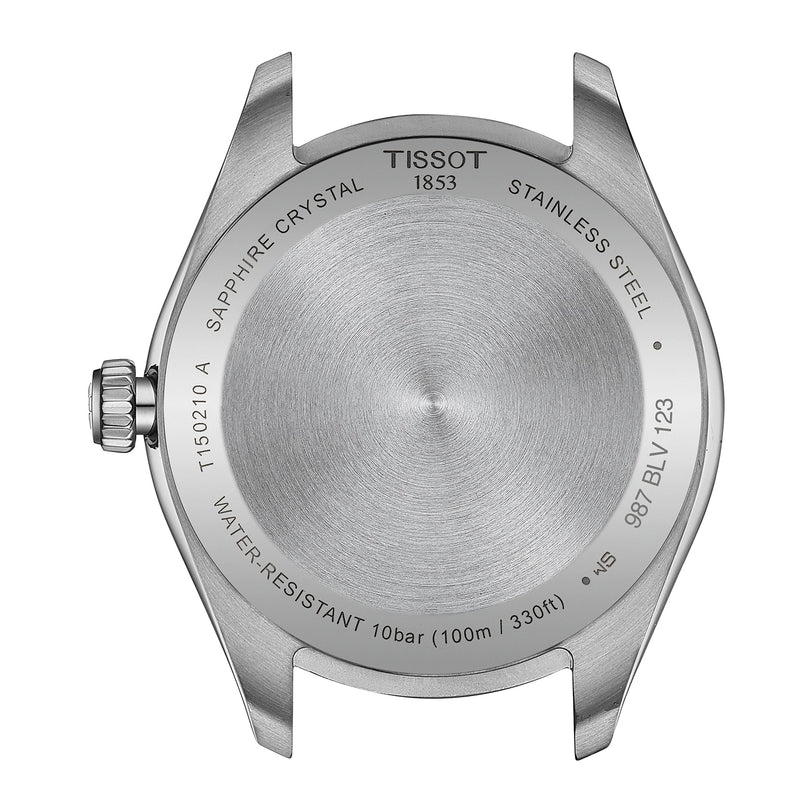 Back view of the Tissot PR 100 stainless steel case, showcasing engraved details such as water resistance, model number, Swiss Quartz movement, and scratch-resistant sapphire crystal.