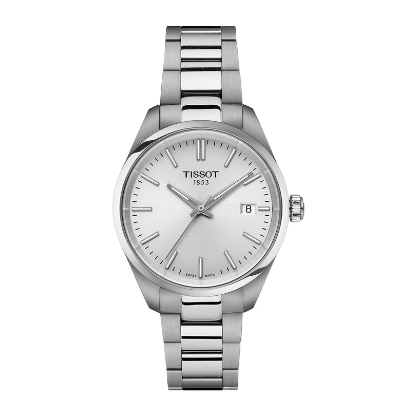 The Tissot PR 100 is a silver wristwatch featuring a metal band and a minimalist white dial with date display.