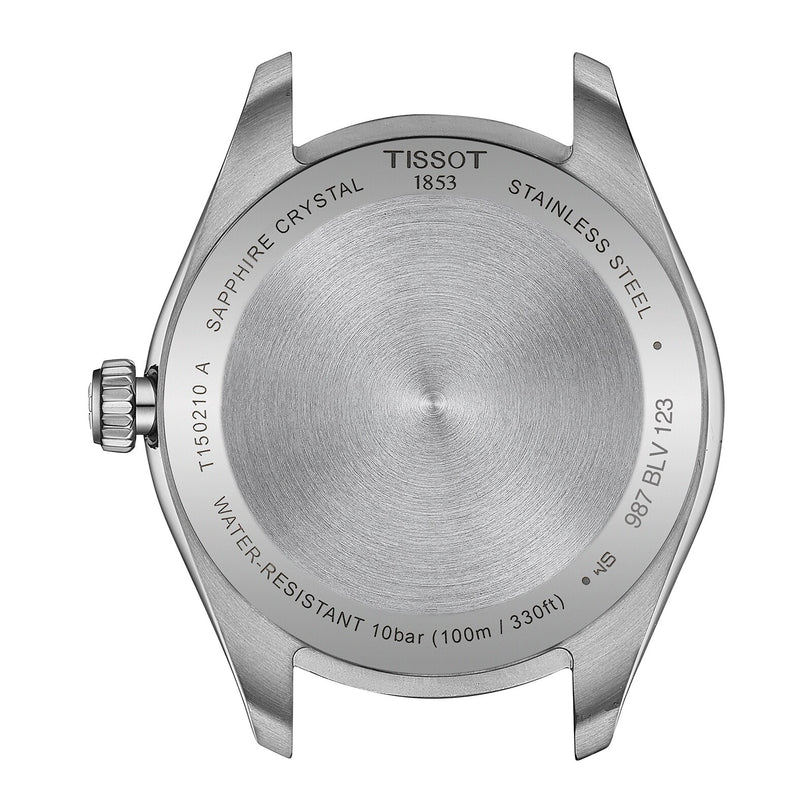 Back of a Tissot PR 100 stainless steel watch case displaying inscriptions about water resistance and material.