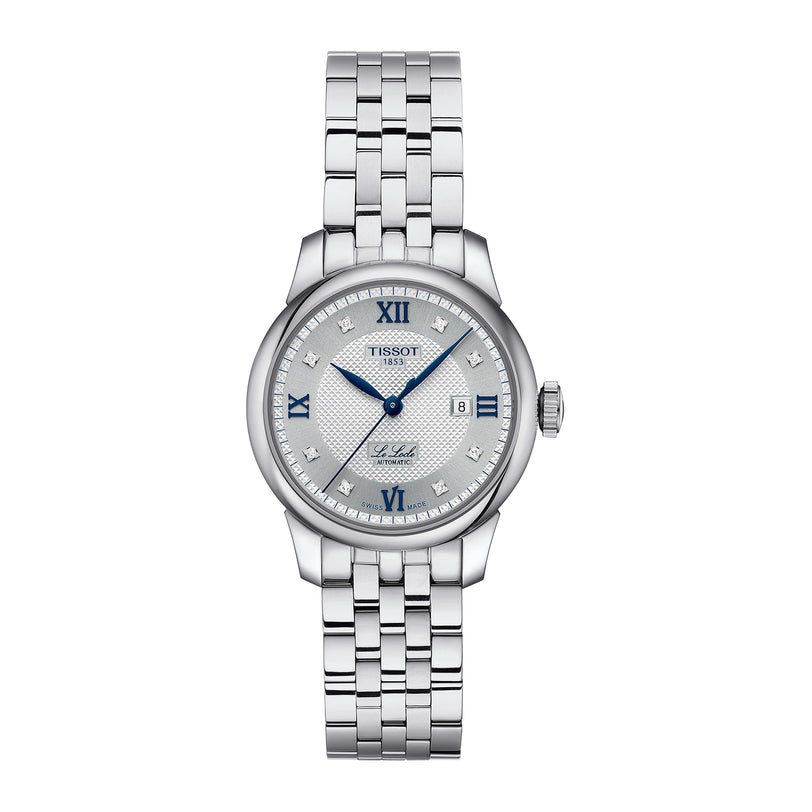The Tissot Le Locle Automatic 20th Anniversary is a stainless steel wristwatch with an automatic movement, silver patterned dial, blue Roman numeral markers, date at 3 o’clock, and linked bracelet.