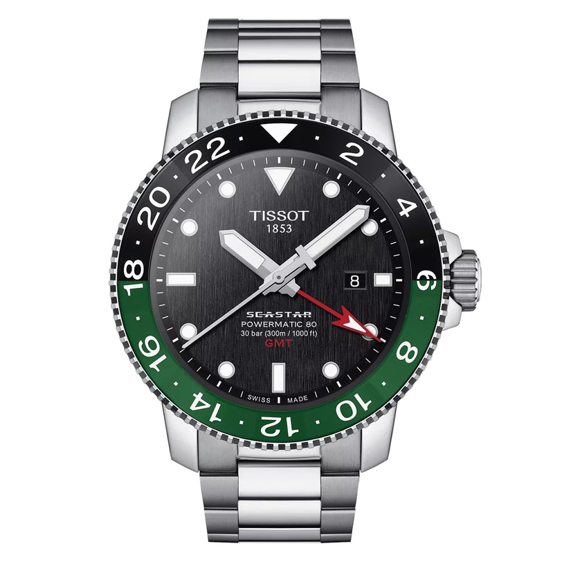 The Tissot Seastar 1000 Powermatic 80 GMT features a stainless steel band, black and green bezel, black dial, date display, GMT hand, and water-resistant sapphire crystal.