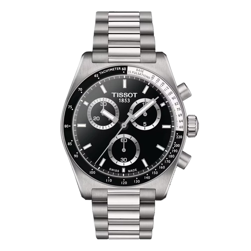 The Tissot PR516 Chronograph features a stainless steel case, black dial with three subdials, tachymeter bezel, and metal link bracelet.