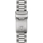 Close-up of the Tissot PR516 Chronographs stainless steel bracelet with a deployment clasp, featuring an engraved Tissot T on the clasp.