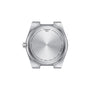 Back view of the Tissot PRX watch case displays engraved brand, model, water resistance, material, and sapphire crystal details—complemented by a stainless steel bracelet for timeless style.