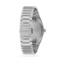 A stainless steel Tissot PRX wristwatch shown from the back highlights its sleek bracelet and engraved Tissot logo on the clasp—a signature detail of this classic timepiece.