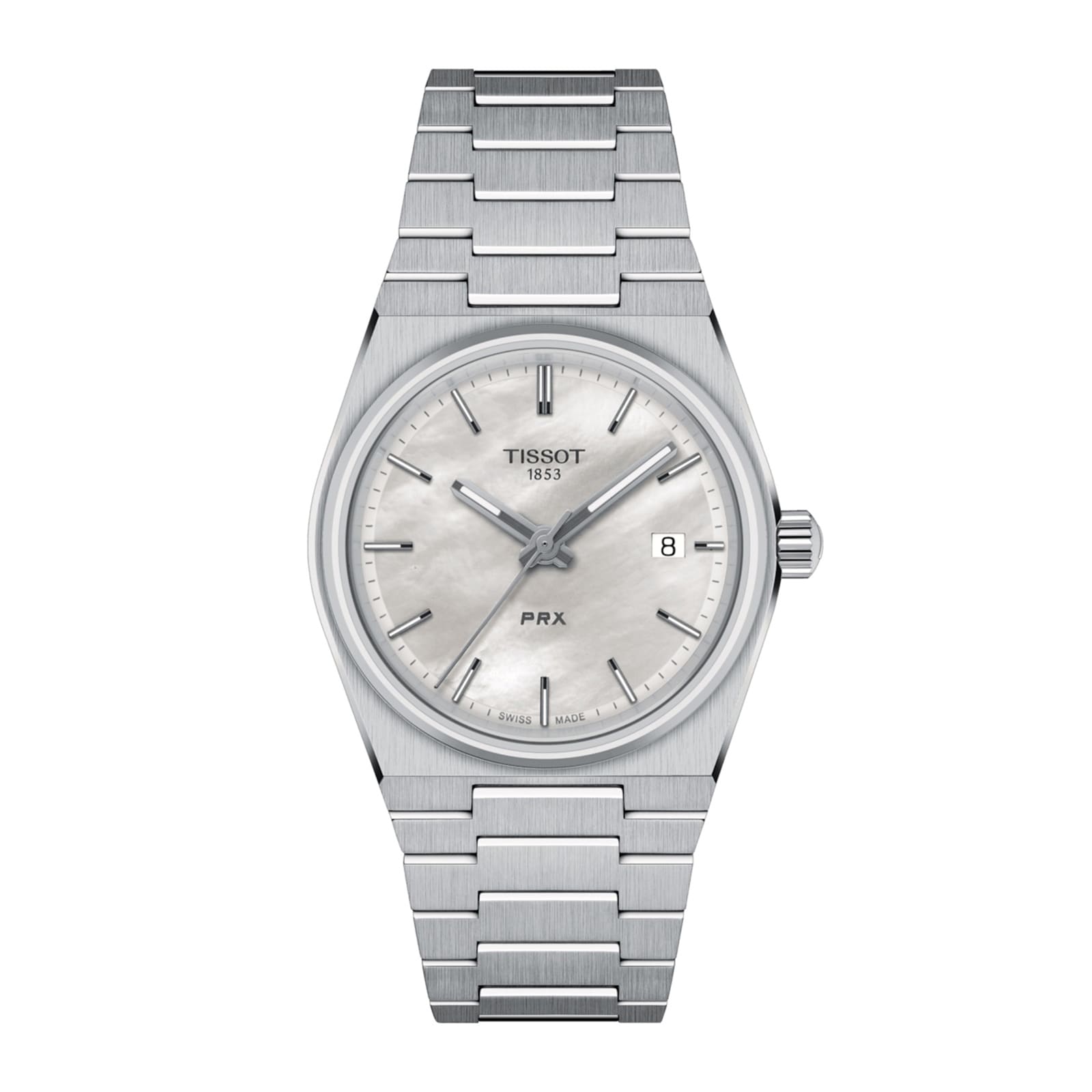 Tissot PRX wristwatch featuring a sleek metal band and a white date display dial.