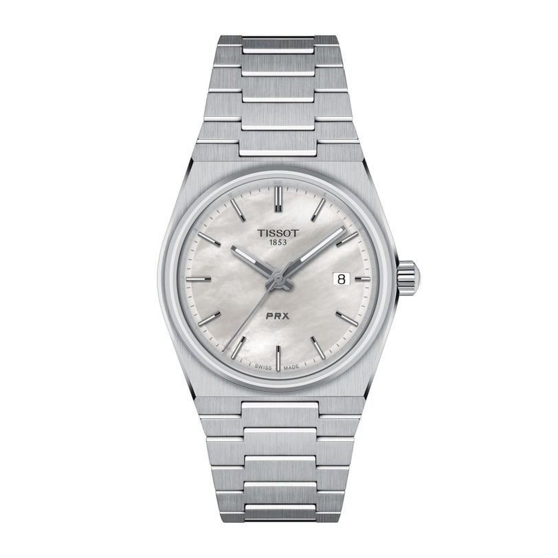 Tissot PRX wristwatch featuring a sleek metal band and a white date display dial.