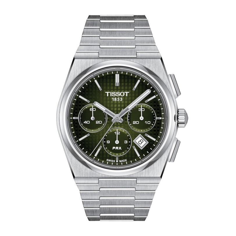 The Tissot PRX Automatic Chronograph is a stainless steel sports watch featuring a green textured dial, three subdials, date display, and baton hour markers.