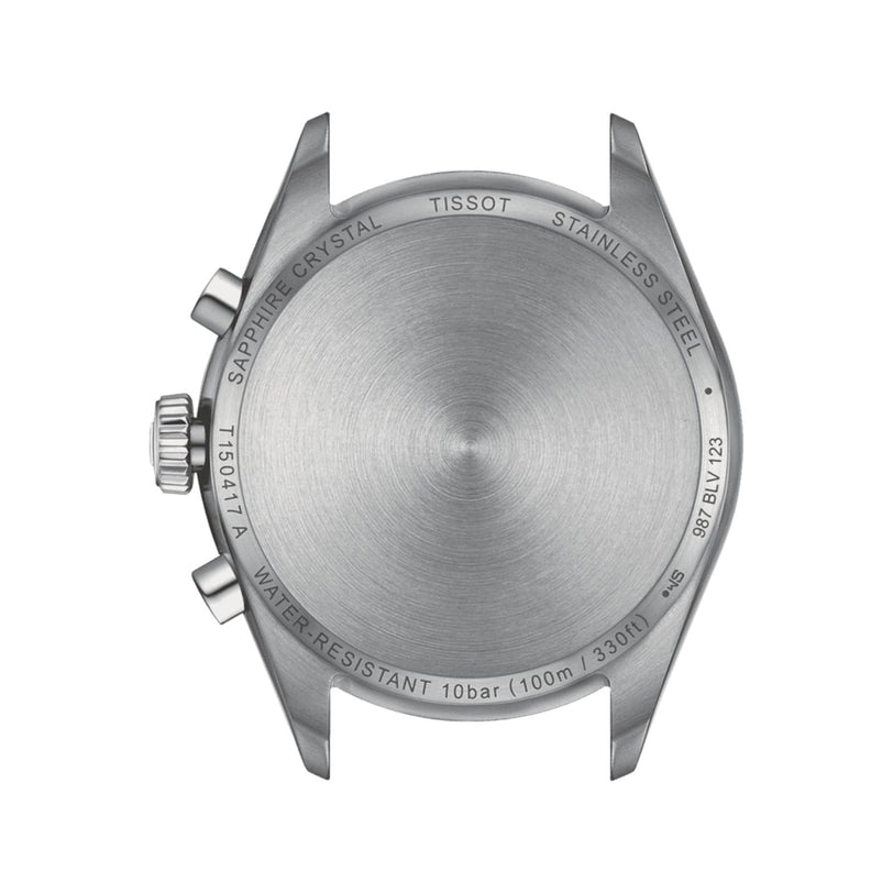 Back view of the Tissot PR 100 Chronograph’s stainless steel case, engraved with sapphire crystal, 100m water resistance, and model number T150.417A—hallmarks of this renowned quartz chronograph.