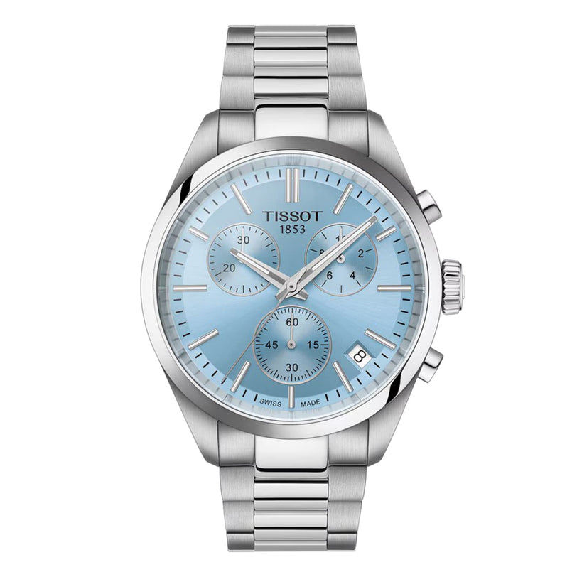 The Tissot PR 100 Chronograph features a stainless steel case, blue chronograph dial with three subdials, Super-LumiNova® coating, date display, and metal link bracelet—an elegant classic quartz watch.