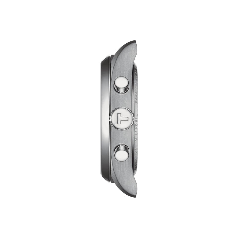 Side view of the Tissot PR 100 Chronograph silver wristwatch displaying two buttons and a crown on a white background.