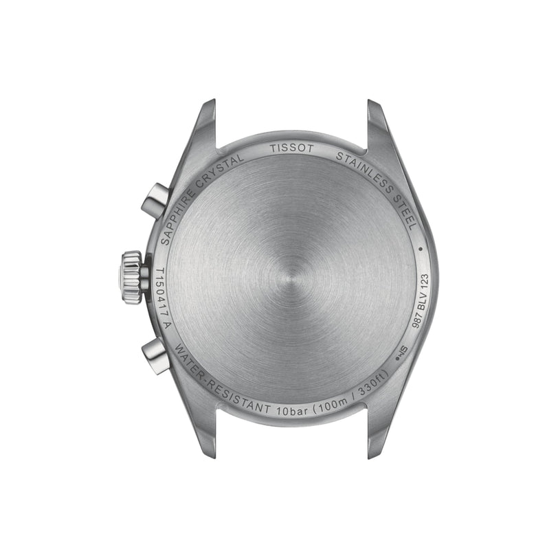 Back view of a Tissot PR 100 Chronograph watch case in stainless steel, displaying engravings for water resistance, sapphire crystal, serial numbers, and quartz chronograph features.