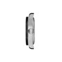 Side view of the Tissot PR516 Powermatic 80 silver case with a ridged crown and black bezel, isolated on a white background.