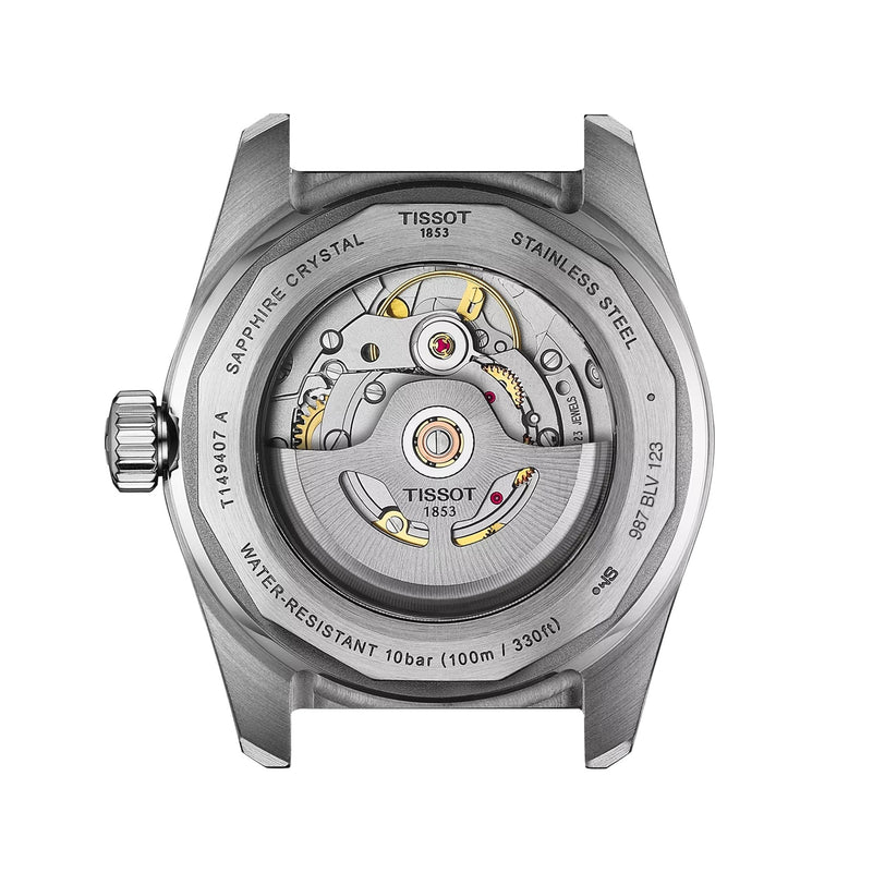 Back view of the Tissot PR516 Powermatic 80 watch featuring its exposed automatic movement and sapphire crystal caseback.
