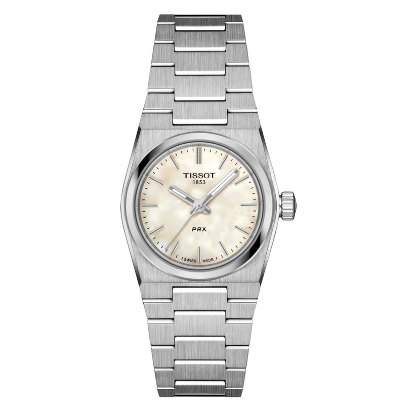 The Tissot PRX features a stainless steel case, white dial, silver hour markers, and a metal bracelet, highlighting its vintage design against a white background.