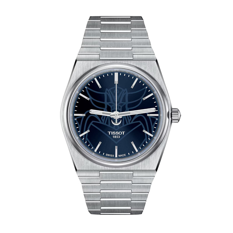 A silver Tissot PRX UFO Robot Grendizer watch with a blue dial featuring an outlined Grendizer logo.
