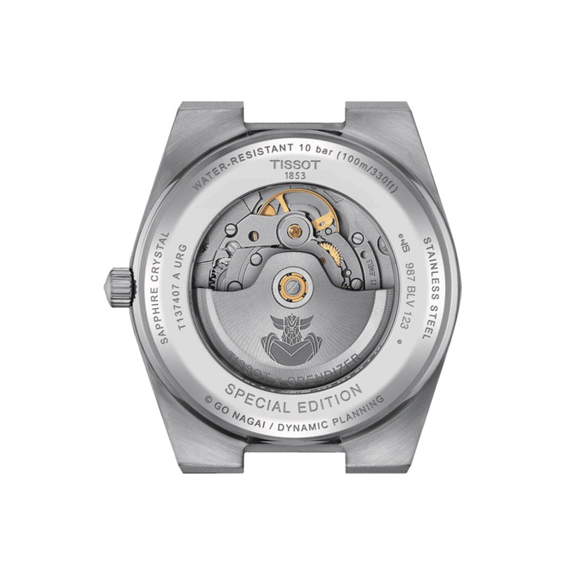 Back view of the Tissot PRX UFO Robot Grendizer watch showing its exposed automatic movement and engraved details on the stainless steel case.
