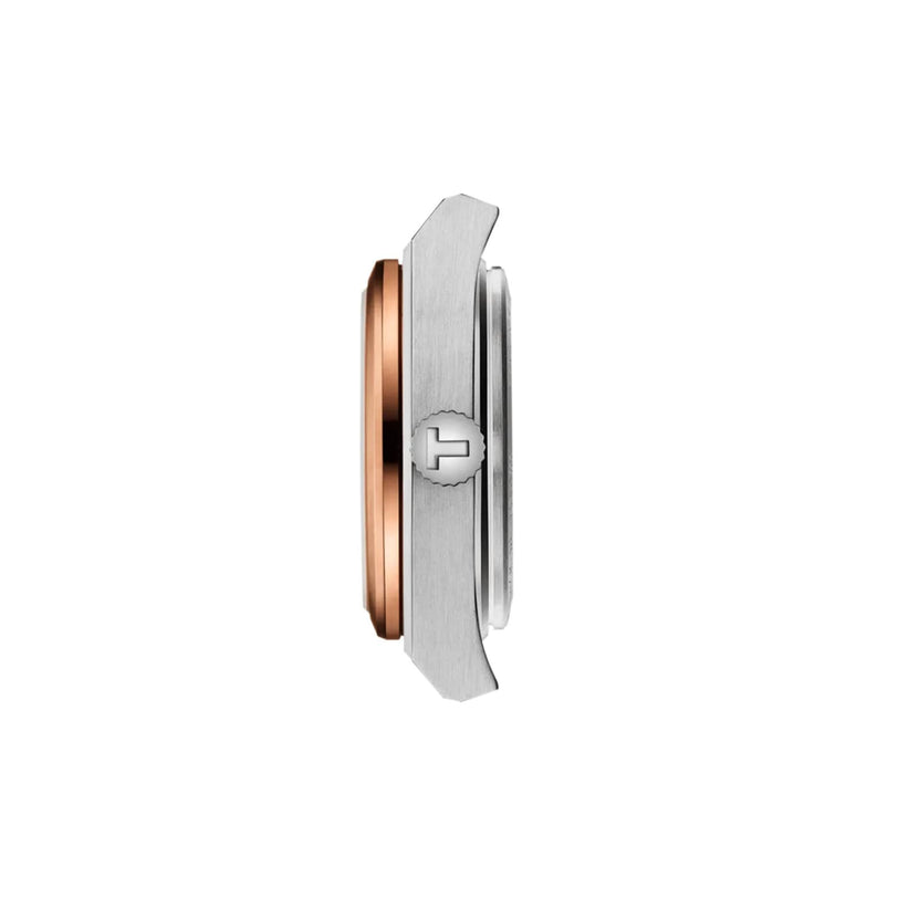 Side view of two Tissot PRX 25mm wristwatch cases with sapphire crystal, one featuring a rose gold bezel and the other a silver bezel, positioned closely together on a white background.