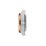 Side view of two Tissot PRX 25mm wristwatch cases with sapphire crystal, one featuring a rose gold bezel and the other a silver bezel, positioned closely together on a white background.