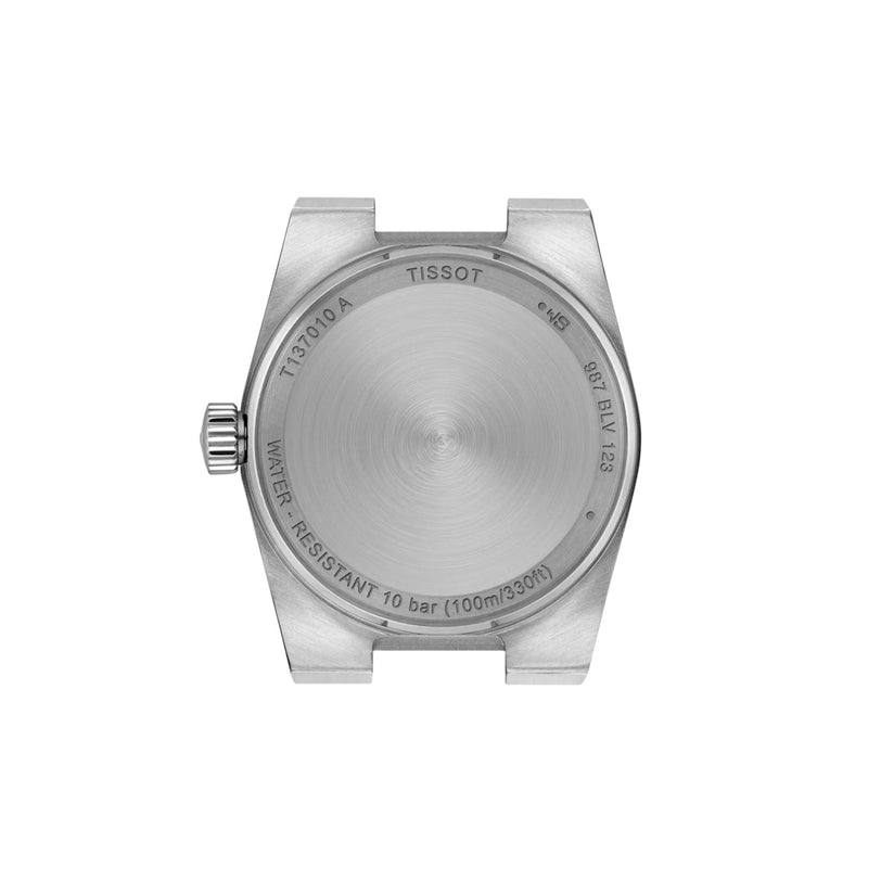 Back view of the Tissot PRX stainless steel 25mm watch case displaying engraved specs: sapphire crystal, 10 bar (100m/330ft) water resistance, quartz movement, and model number T137.