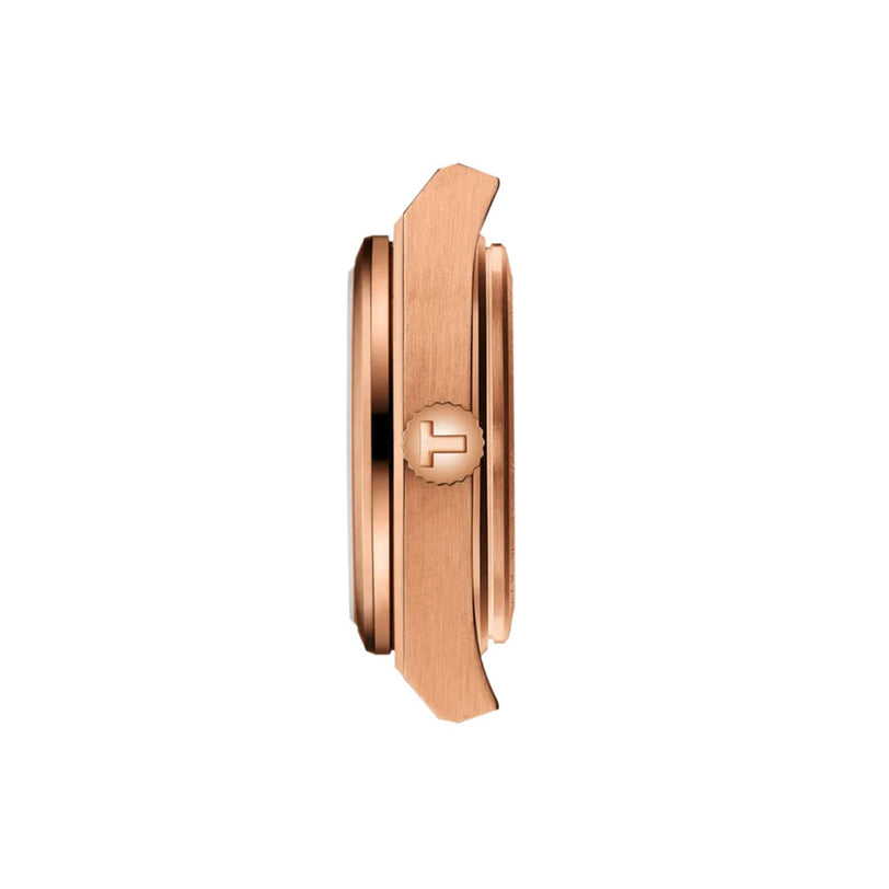 Side profile of a Tissot PRX rose-gold PVD case with sapphire crystal and a crown engraved with the Tissot logo, set against a plain white background.