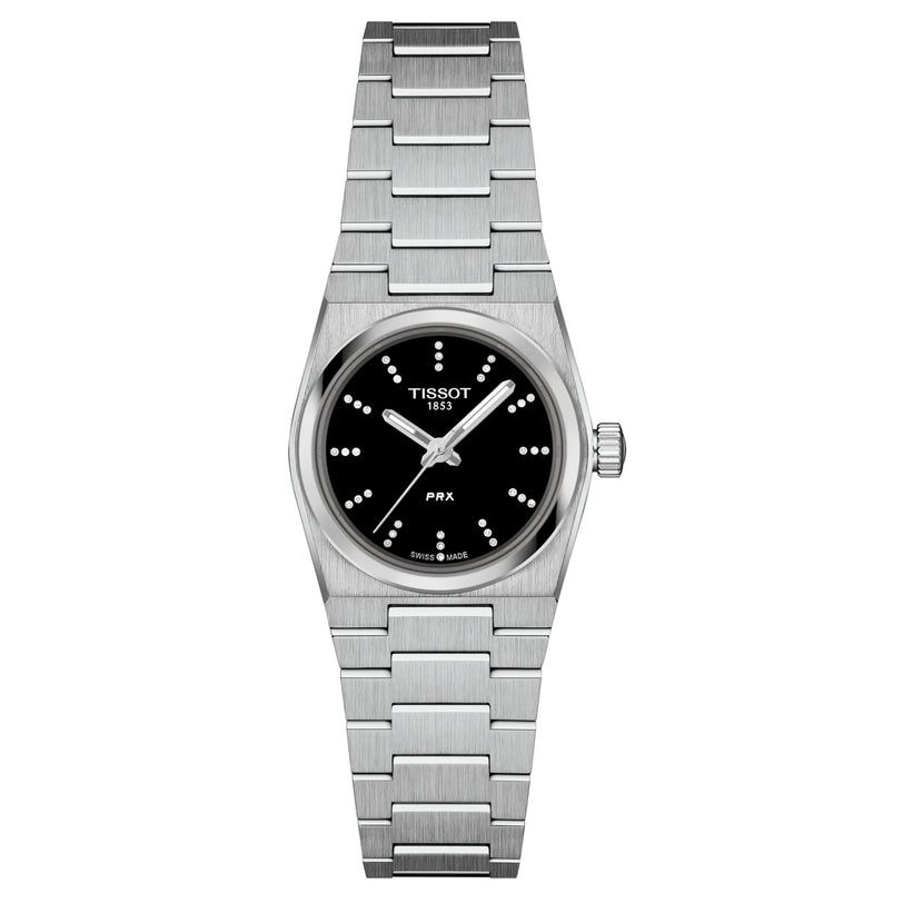 The Tissot PRX features a 25mm stainless steel case, black dial with silver hour markers, quartz movement, and a matching metal bracelet, displayed against a white background.