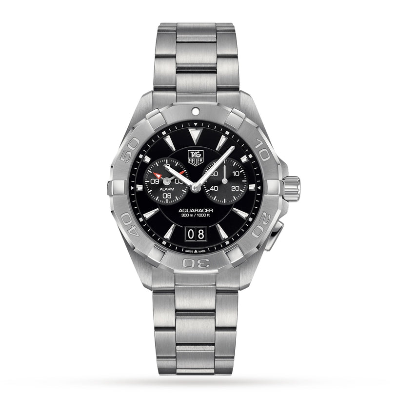 The TAG Heuer Aquaracer is a stainless steel sports watch featuring a black dial, date display, and unidirectional rotating bezel with high water resistance, displayed on a white background.