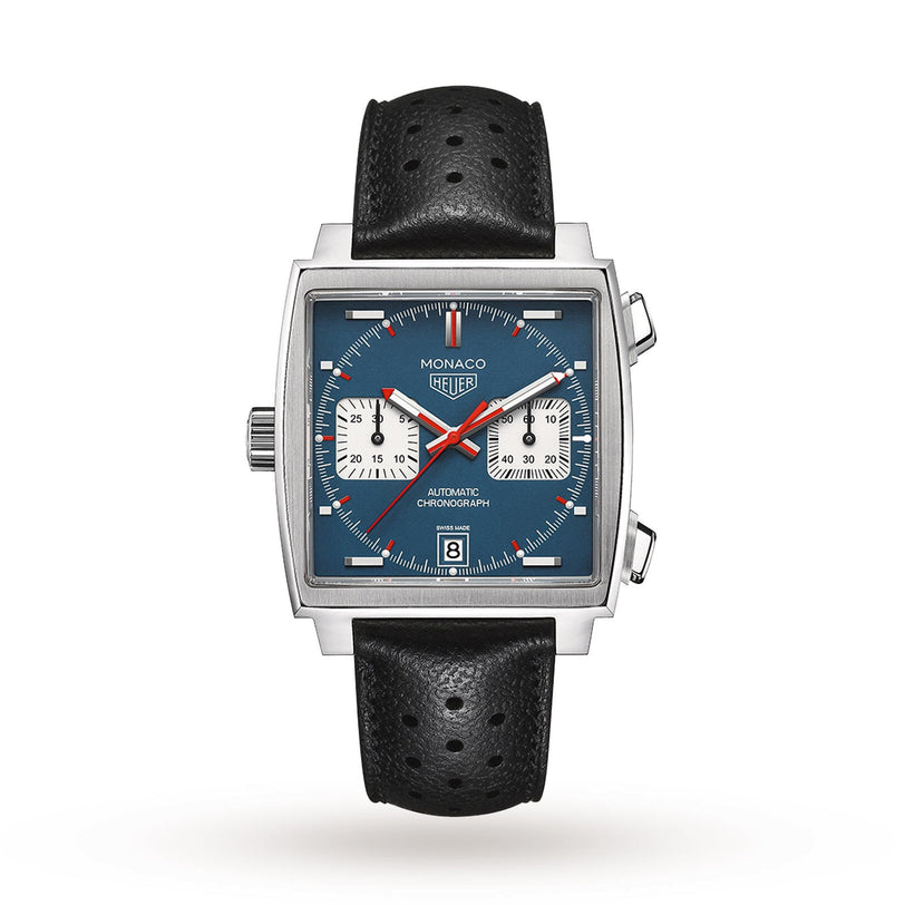 The TAG Heuer Monaco Chronograph features a square face, blue dial, two white subdials, black perforated leather strap, a date display at 6 o’clock, and is famously worn by Steve McQueen.