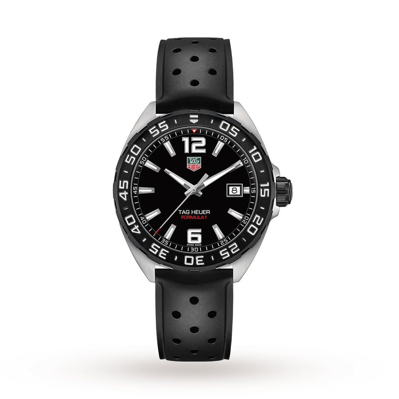 The TAG Heuer Formula 1 Date watch features a black dial with white markers, date display at 3 o’clock, and a black perforated rubber strap—all powered by quartz movement.