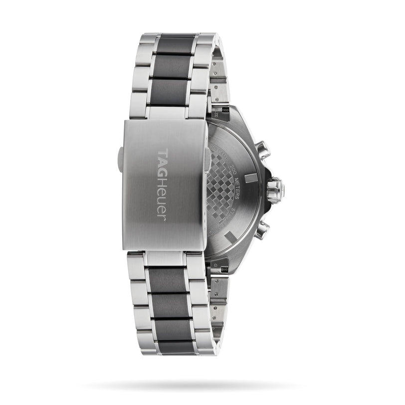 Rear view of the TAG Heuer Formula 1 Chronograph, featuring a stainless steel bracelet, branded clasp, visible case back, and chronograph buttons—all reflecting its motor racing-inspired style.