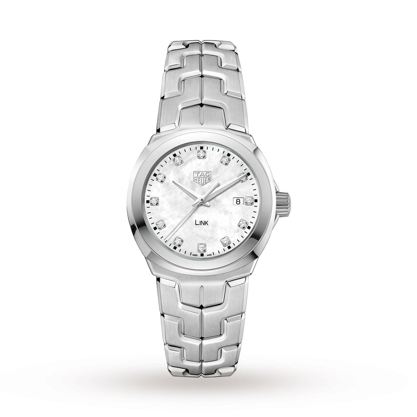 The TAG Heuer Link Date wristwatch features a silver S-shaped bracelet, a white mother-of-pearl dial, diamond hour markers, and a date display at 3 oclock.