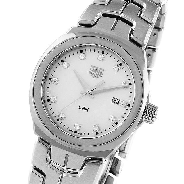 A TAG Heuer Link Date wristwatch featuring a silver case, mother-of-pearl dial with diamond indexes, date display at 3 oclock, and the signature S-shaped bracelet.