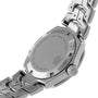 Close-up of the back of a TAG Heuer Link Date stainless steel wristwatch with engraved details such as Swiss Made Since 1860 and Sapphire Crystal, attached to its signature S-shaped bracelet.