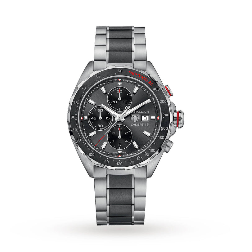 The TAG Heuer Formula 1 Chronograph is a stainless steel watch with a black dial, three subdials, date display, and tachymeter bezel on a metal bracelet—featuring precision Calibre 16 movement.